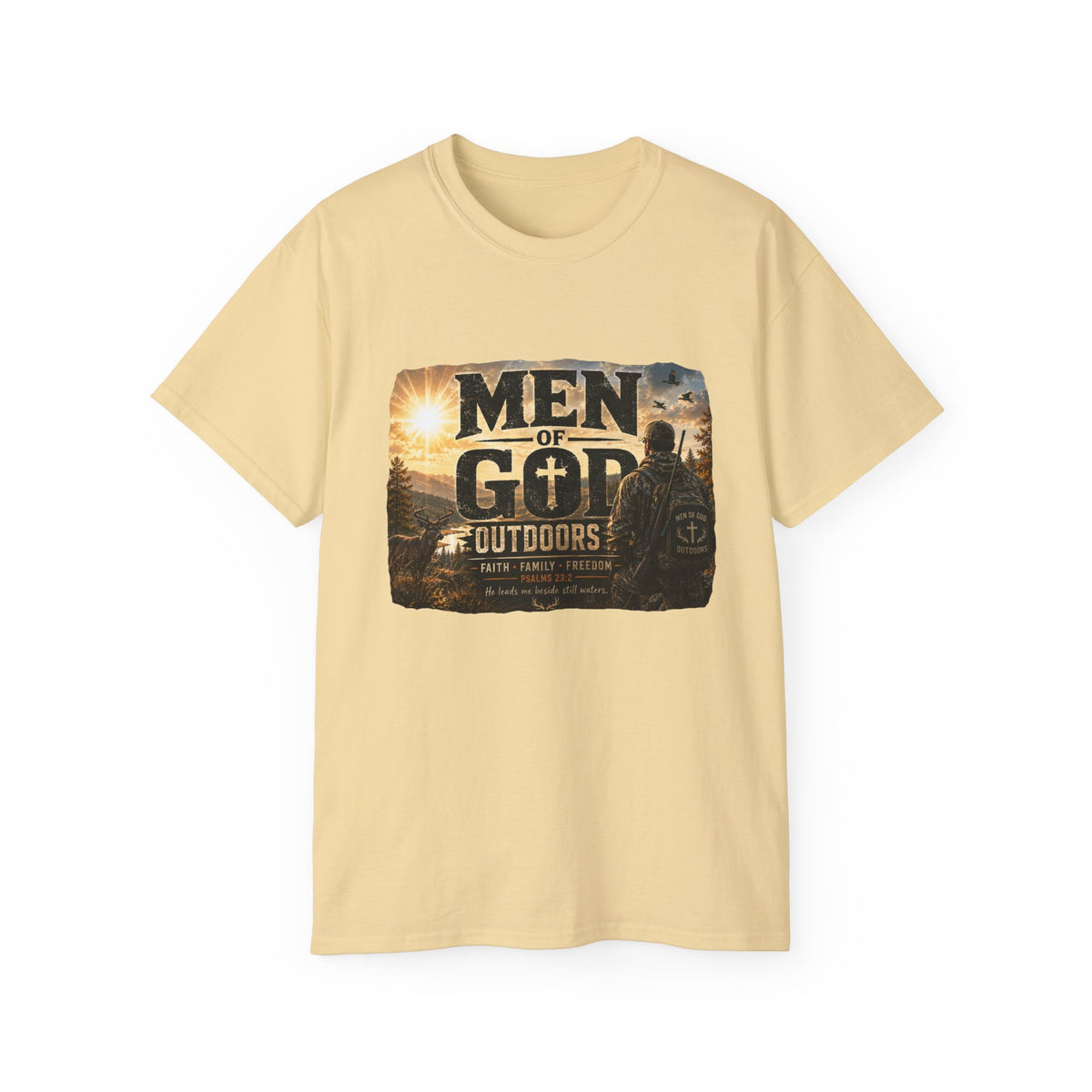 Men of God Outdoors™ – Psalms 23:2 Premium Graphic T-Shirt