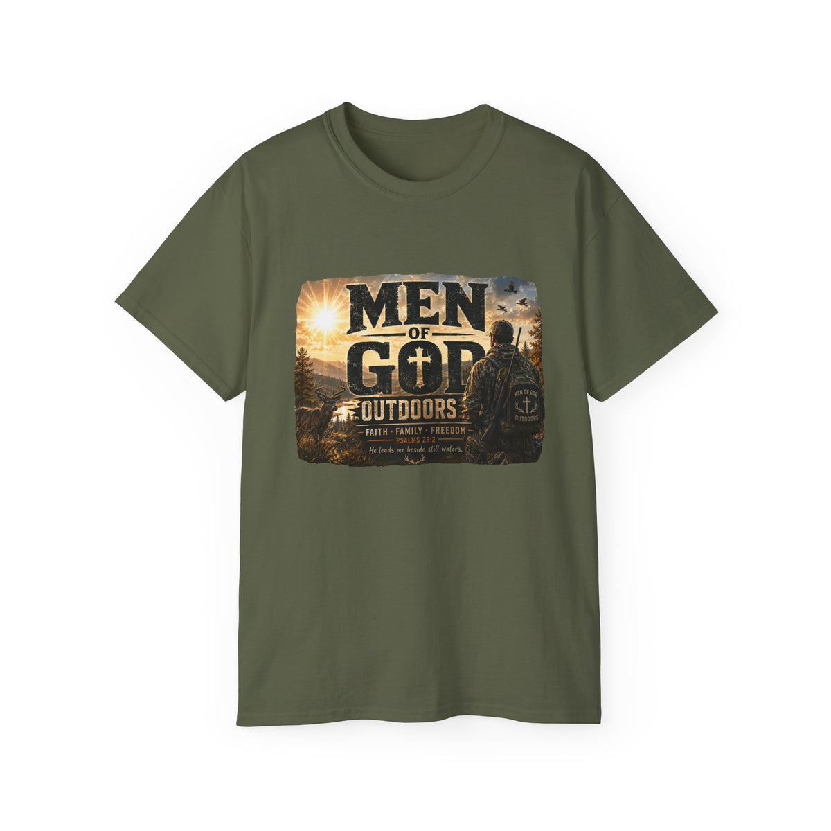 Men of God Outdoors™ – Psalms 23:2 Premium Graphic T-Shirt