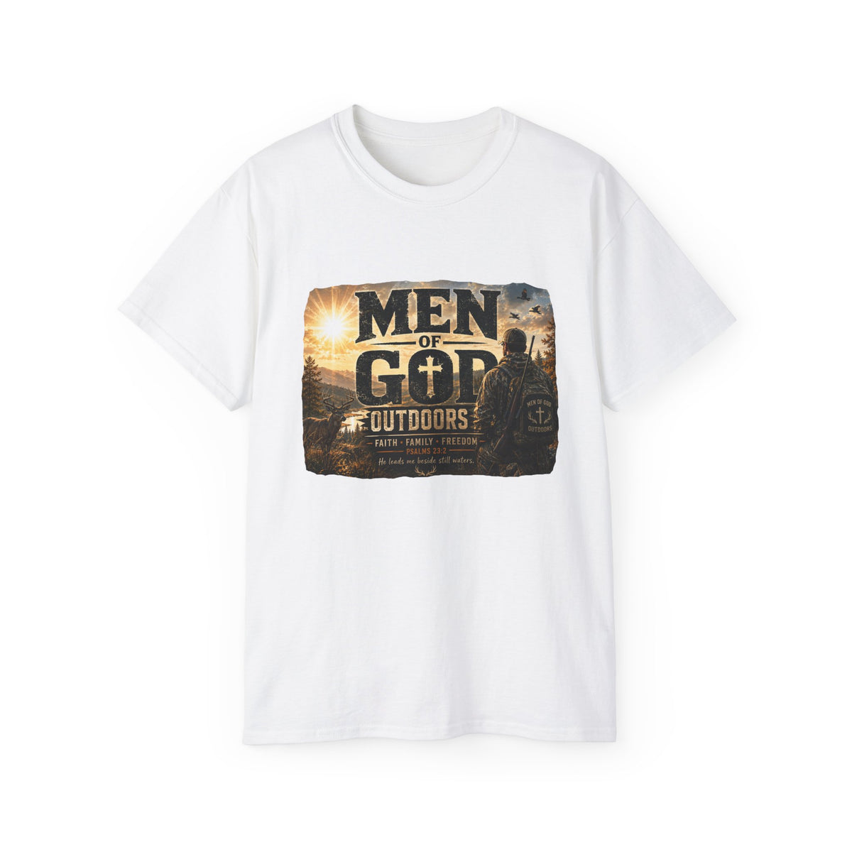Men of God Outdoors™ – Psalms 23:2 Premium Graphic T-Shirt