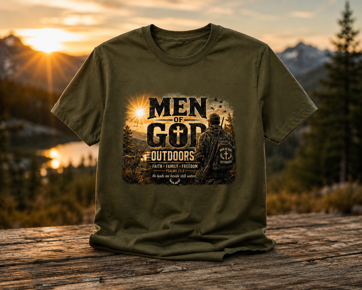 Men of God Outdoors™ – Psalms 23:2 Premium Graphic T-Shirt