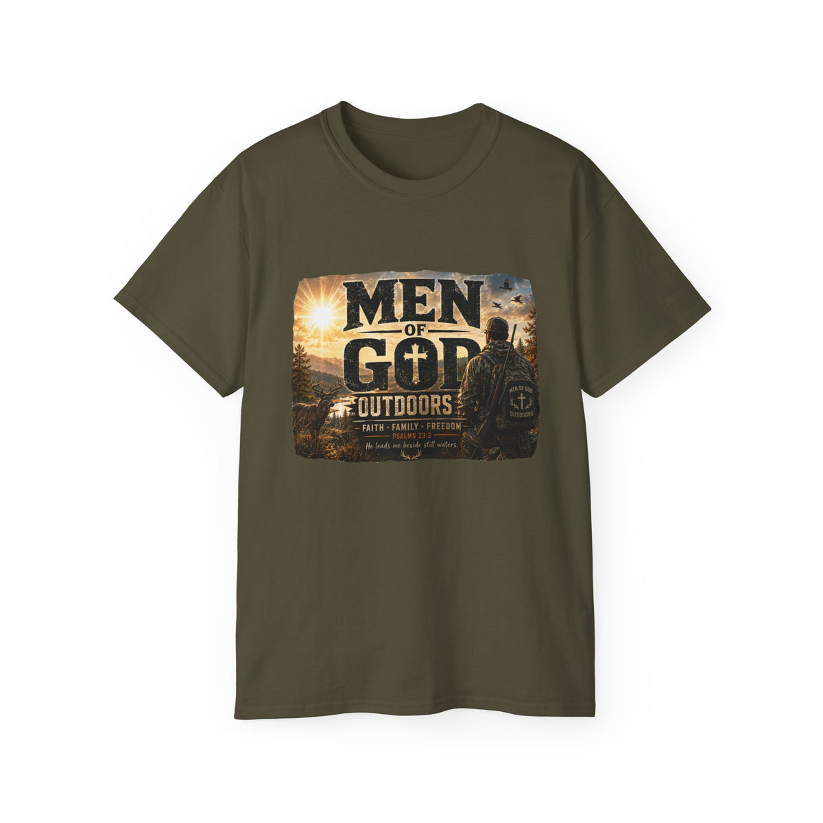 Men of God Outdoors™ – Psalms 23:2 Premium Graphic T-Shirt