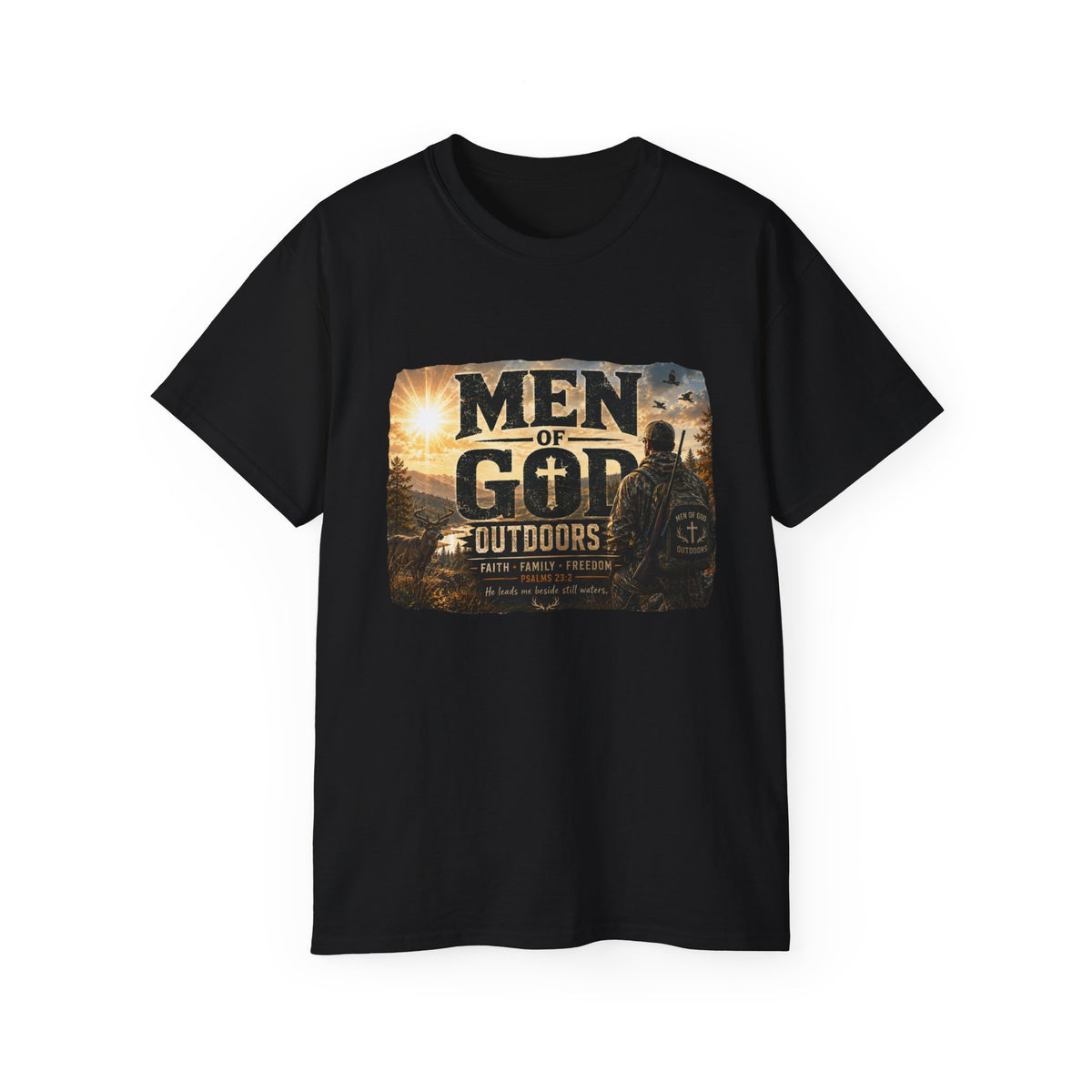 Men of God Outdoors™ – Psalms 23:2 Premium Graphic T-Shirt