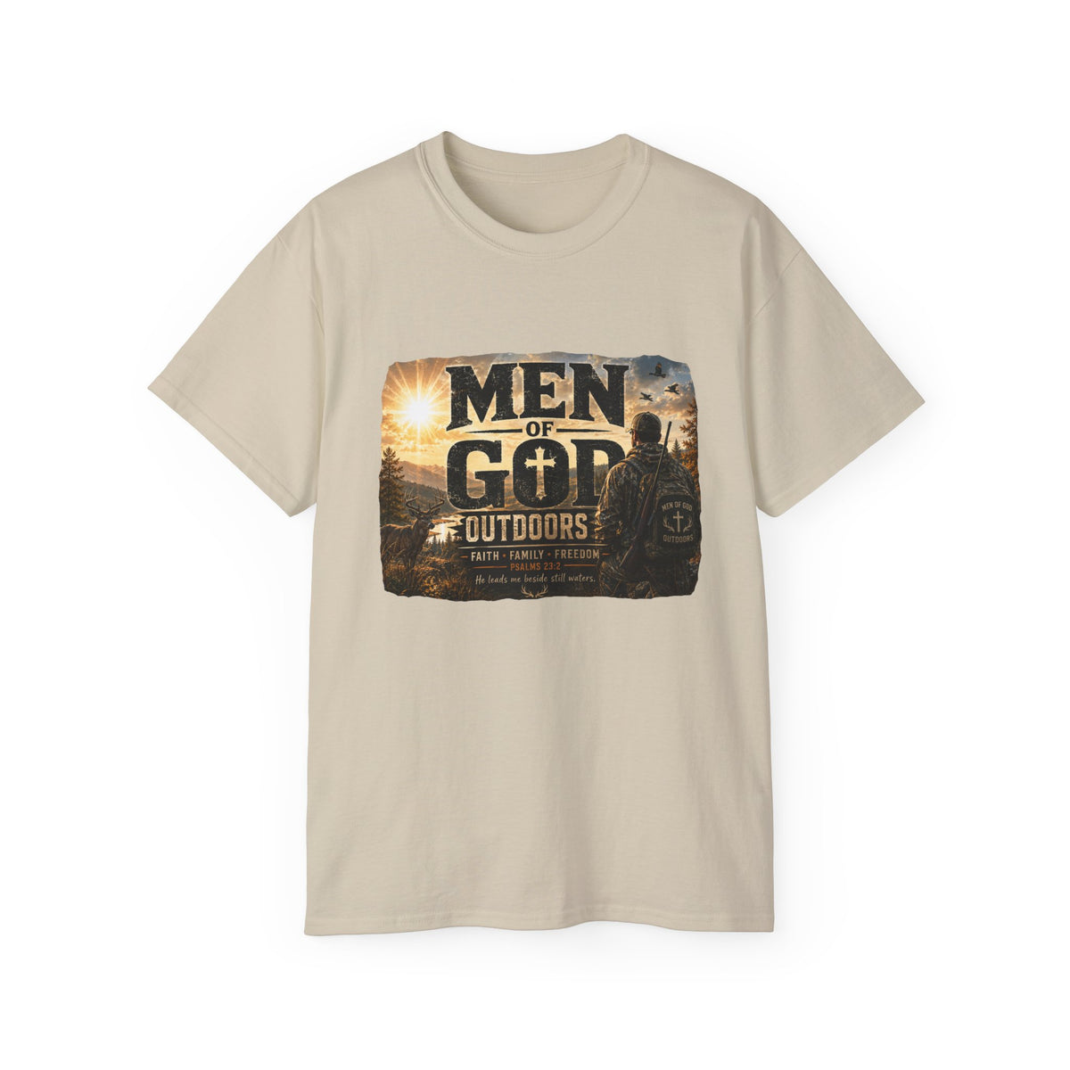 Men of God Outdoors™ – Psalms 23:2 Premium Graphic T-Shirt