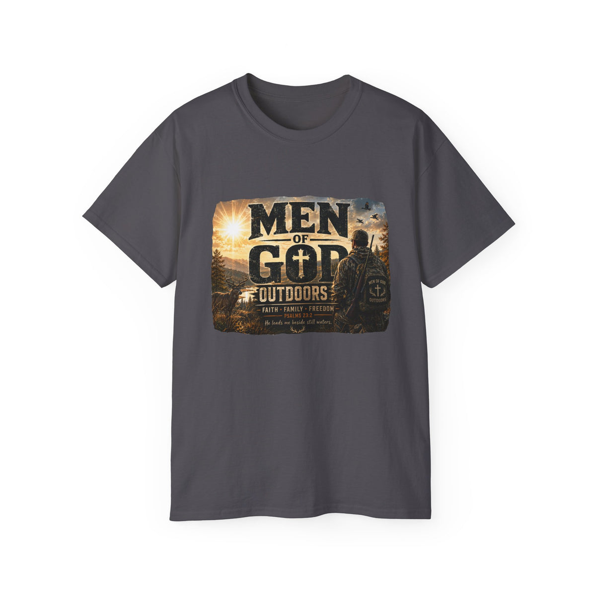 Men of God Outdoors™ – Psalms 23:2 Premium Graphic T-Shirt