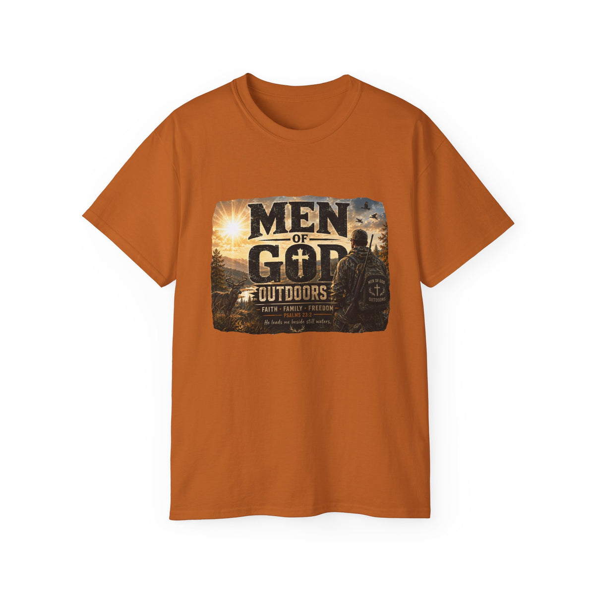 Men of God Outdoors™ – Psalms 23:2 Premium Graphic T-Shirt